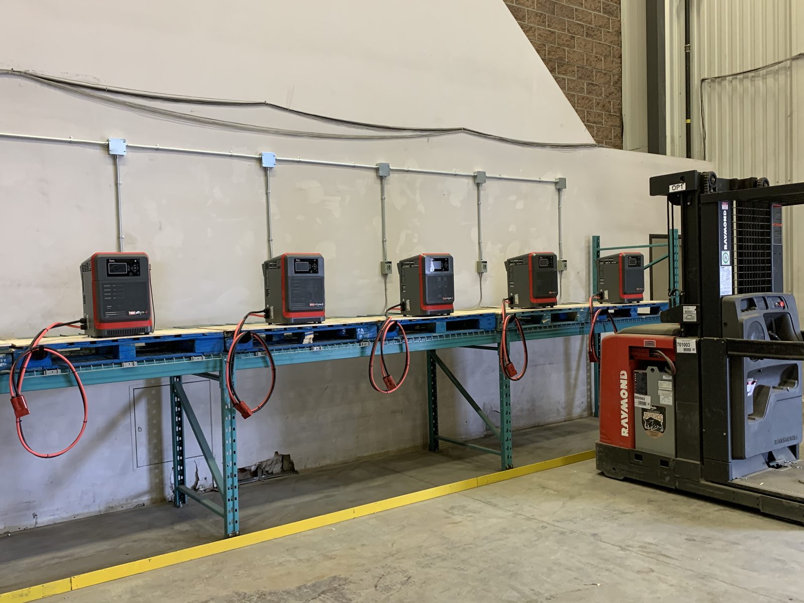 Forklift charging station in warehouse