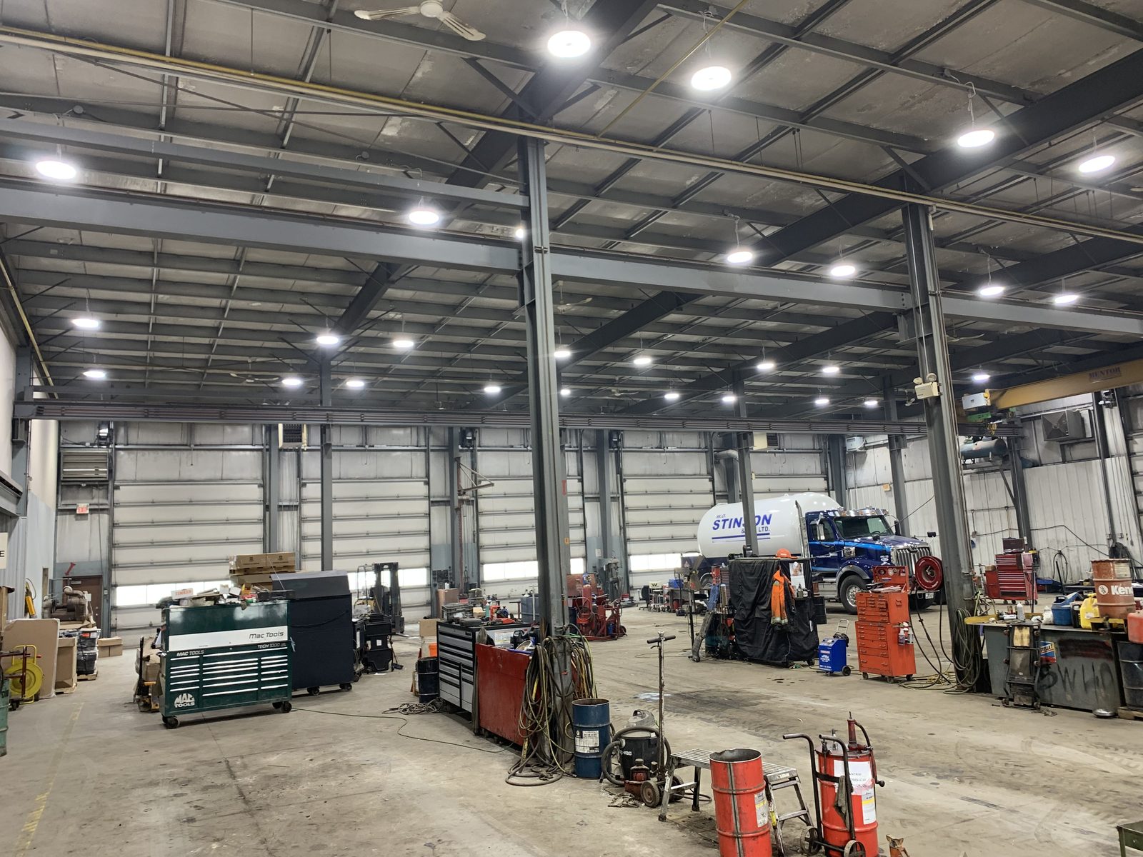 LED high-bay lighting retrofit in a mechanic garage