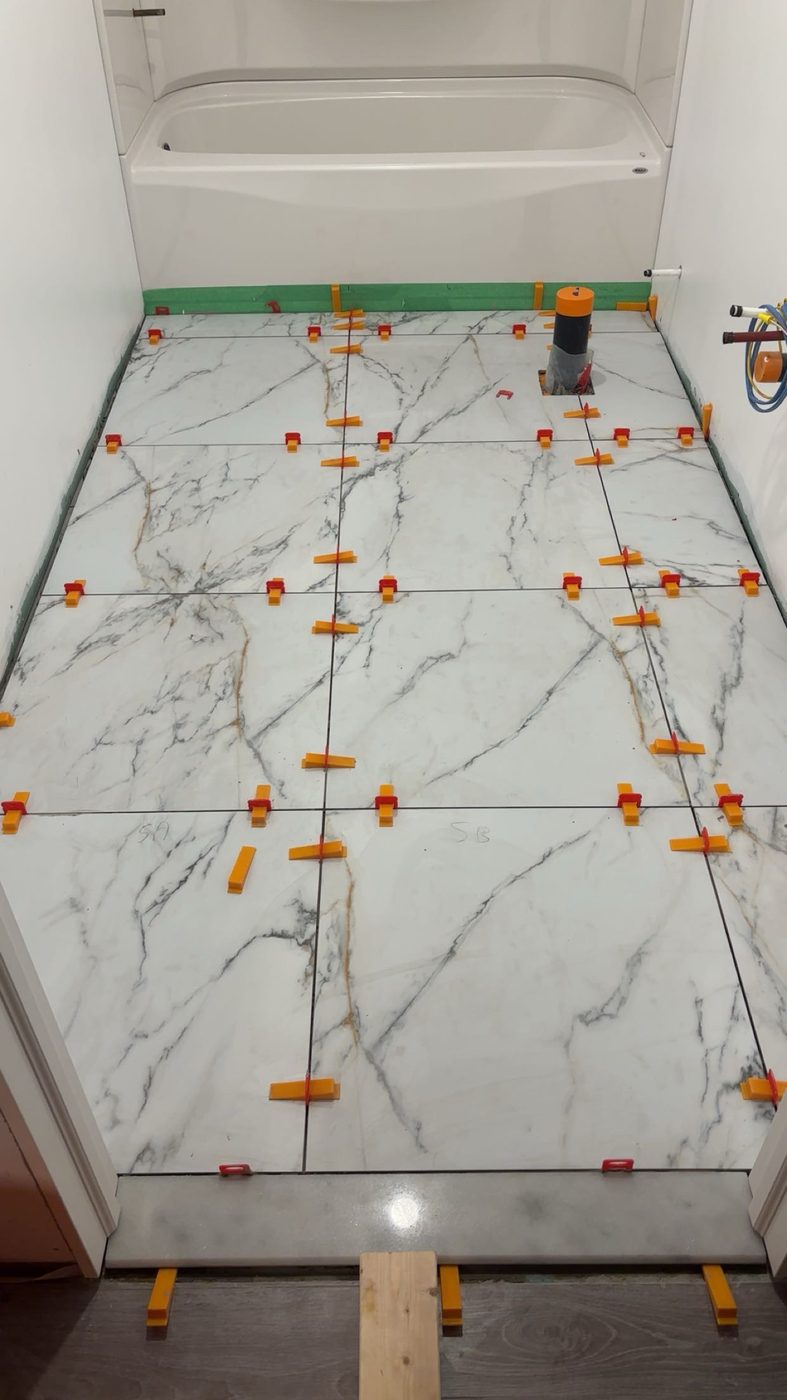 Marble-look porcelain tile floor